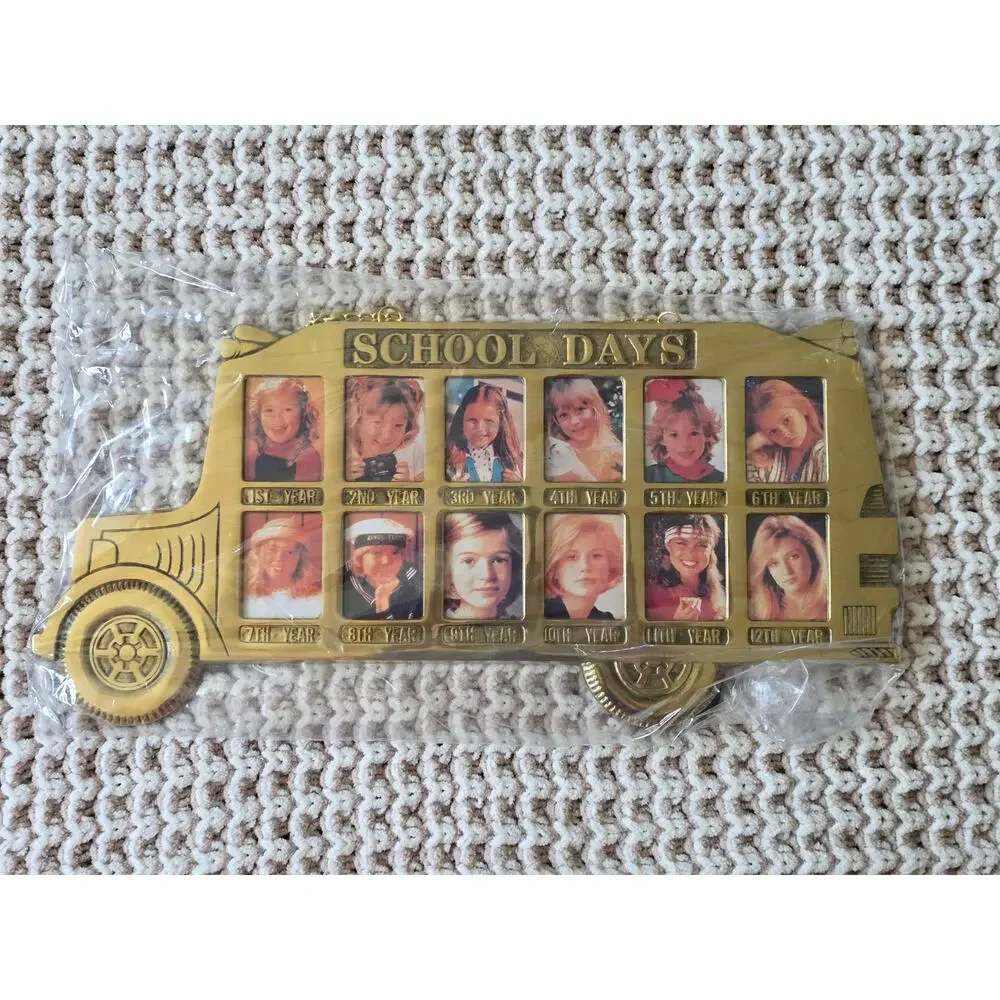 NIB VTG Solid School Bus Picture Frame Through The Years 1st -12th Hang or Easel